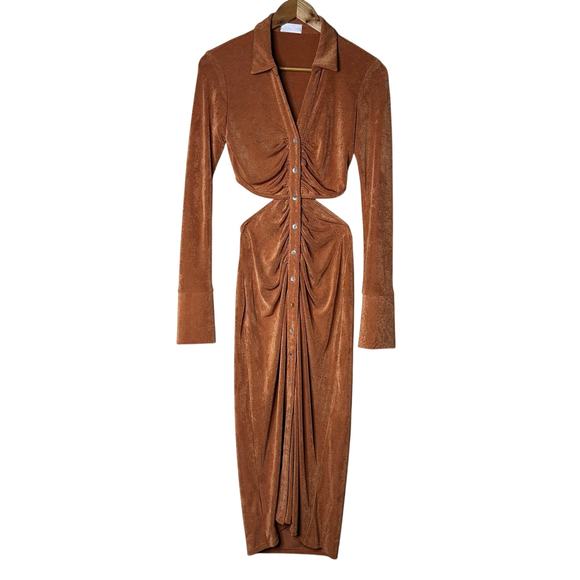 Isalis Dress Midi Button Down Front Split Back Long Sleeve V Neck Ruched Size S - Picture 1 of 11